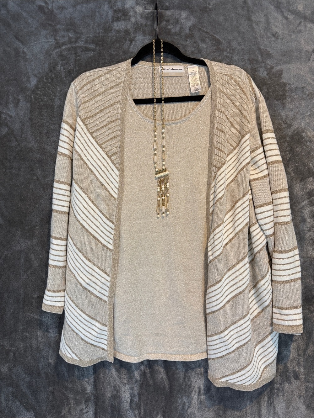 Alfred Dunner Beige and Cream Open-Front Striped Cardigan